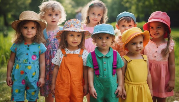 Niñas sonrientes con lindos vestidos disfrutan de la naturaleza generada por IA