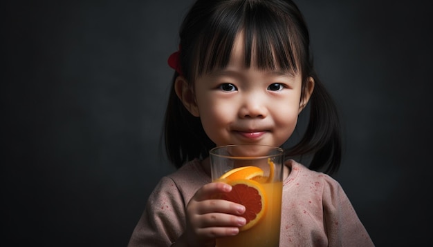 Niñas sonrientes sosteniendo una bebida de naranja fresca pura alegría generada por la inteligencia artificial