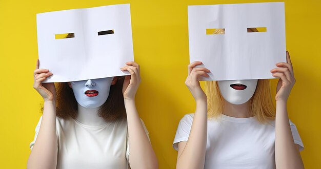 niñas sosteniendo caras blancas en el estilo de instalaciones de texto y emoji