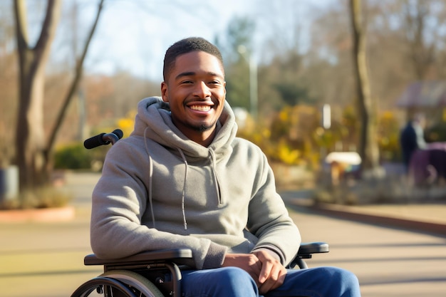 Foto ninguém pode tirar-me o amor pela vida o sopro do vento numa floresta de outono inspira-me um jovem afro-americano sorridente numa cadeira de rodas a desfrutar do parque da cidade de outono