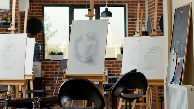 Ninguna persona en el taller artístico solía enseñar habilidades de dibujo con lienzo, caballete, lápices e instrumentos de bellas artes. Espacio de clase de arte vacío para lecciones creativas para practicar y dibujar bocetos en papel.