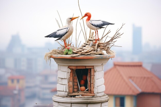 Foto ninho de cegonha na chaminé com paisagem urbana