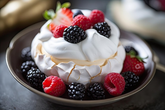 Ninho de merengue recheado com chantilly e frutas frescas criado com ai generativo