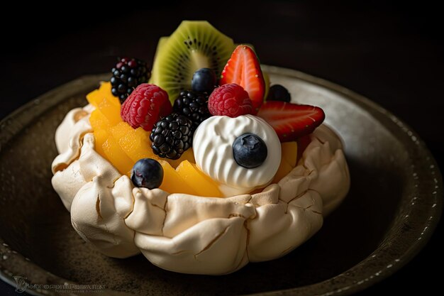 Ninho de merengue recheado com creme de confeiteiro e frutas criado com ai generativa