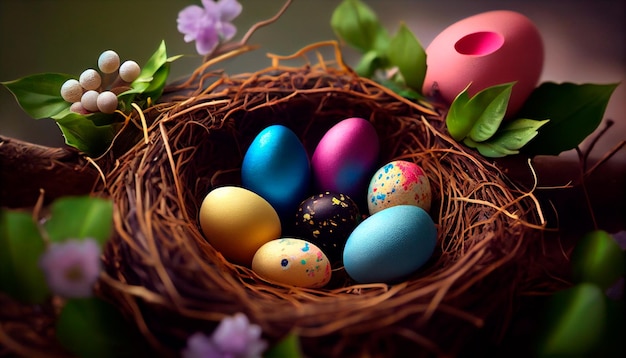 Ninho de Páscoa colorido com ovos de Páscoa Generative AI