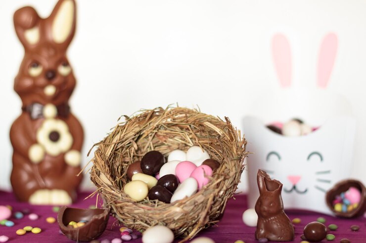Foto ninho de pássaro com amêndoas de páscoa, ovos de chocolate, coelho de chocolate e doces na mesa.