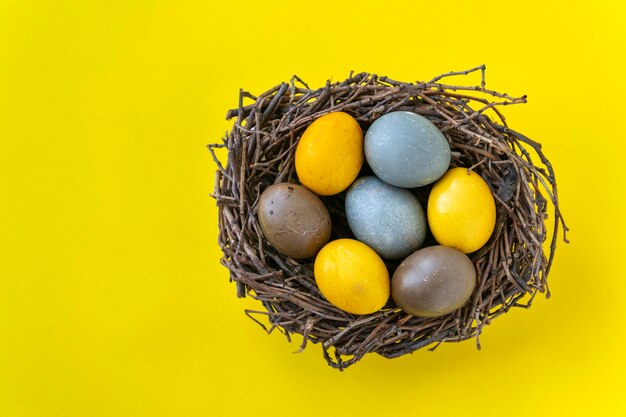 Ninho de pássaro com ovos de Páscoa azuis e marrons amarelos coloridos sobre fundo amarelo brilhante Vista superior Copiar espaço