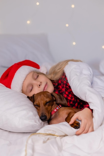 niñita rubia con sombrero de Papá Noel y pijamas está durmiendo en la cama con su amado perro salchicha