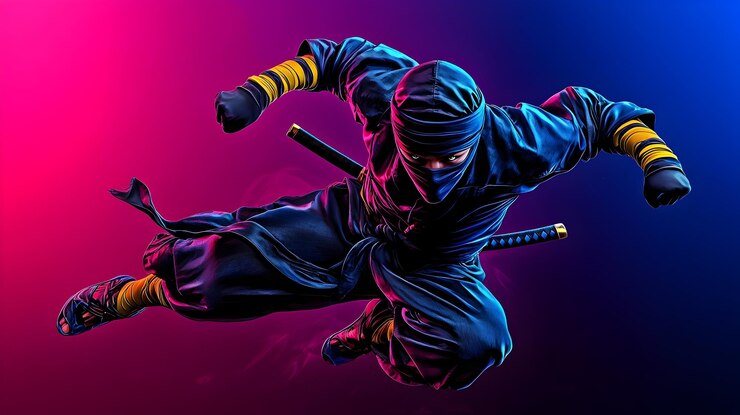 Ninja ágil realizando um salto acrobático em tons pastel
