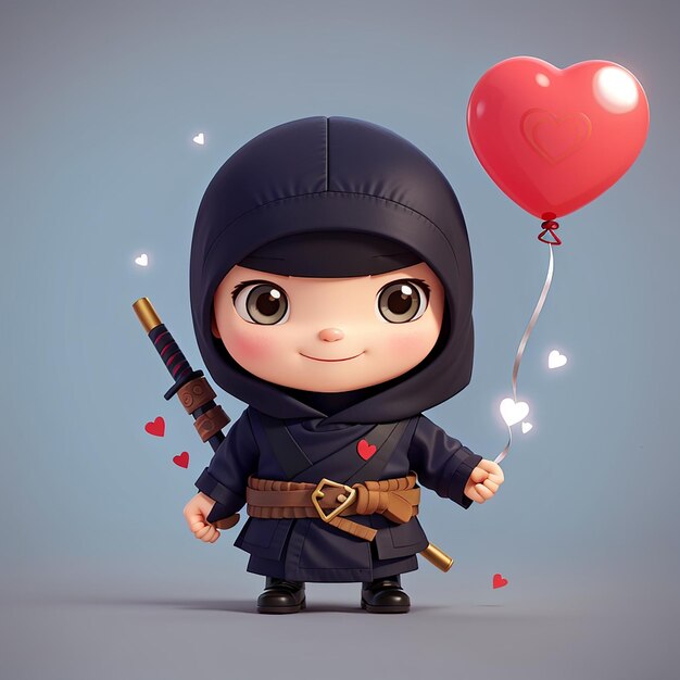 Foto ninja bonito com coração de amor balão de desenho animado ícone vetorial ilustração pessoas ícone de férias isolado