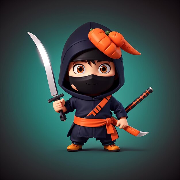 Ninja bonito cortar cenoura com faca kunai desenho animado ícone vetorial ilustração pessoas comida isolado plano