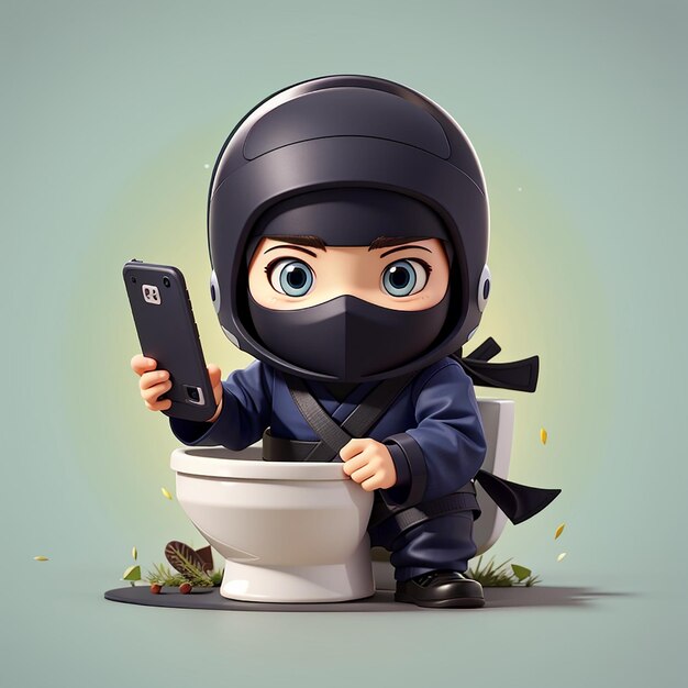 Ninja bonito jogando telefone no banheiro desenho animado ícone vetorial ilustração pessoas ícone de férias isolado