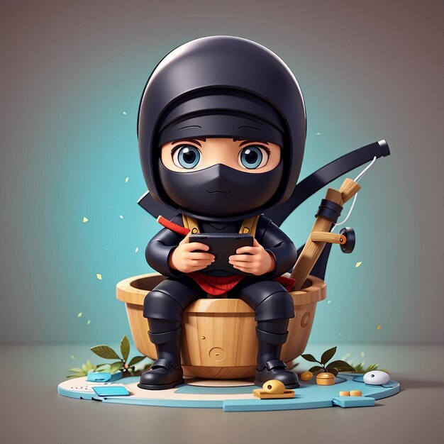 Ninja bonito jogando telefone no banheiro desenho animado ícone vetorial ilustração pessoas ícone de férias isolado