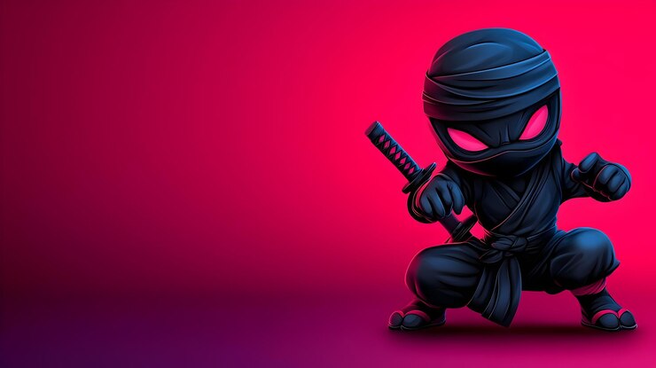 Ninja de desenho animado agachado e pronto para saltar em fundo de gradiente suave