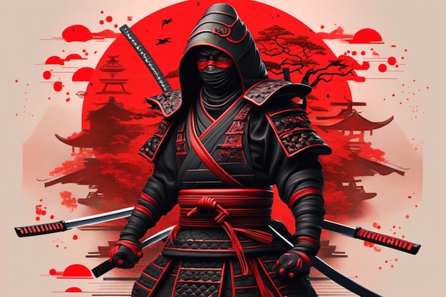 NINJA detallada composición perfecta línea gráfica colores negro y rojo tendencia en artstation