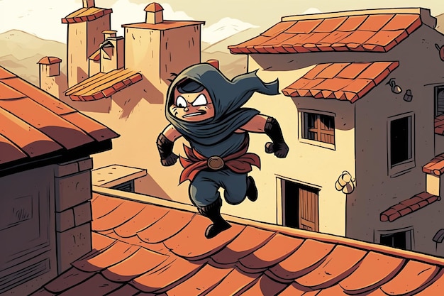 Ninja de dibujos animados planos corriendo por los tejados