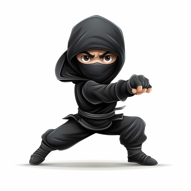 ninja de dibujos animados en traje negro con espada listo para atacar generativa ai