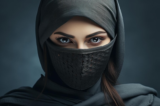 Ninja femenina con espada sobre fondo gris