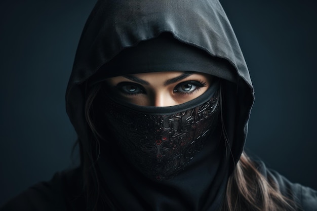 Ninja femenina con espada sobre fondo gris