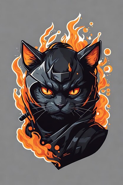 Ninja Katze Feuer Flach Gesicht Design Aufkleber Vektor kein Hintergrund