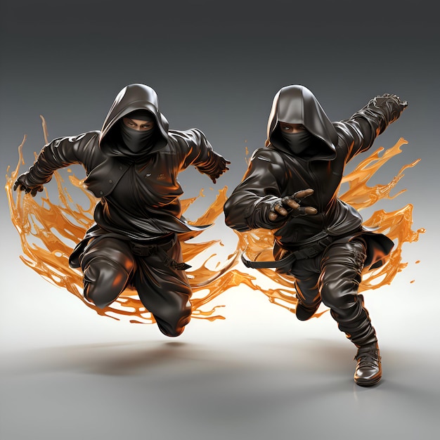 Ninja luchando con efecto fuego 3d render sobre fondo gris con sombra