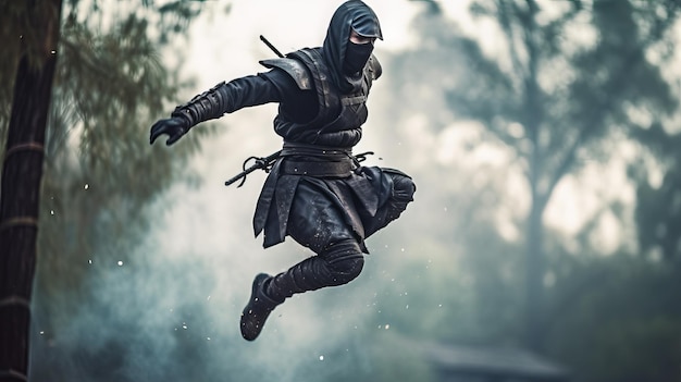 Ninja springt mit einem Schwert in der Hand durch die Luft