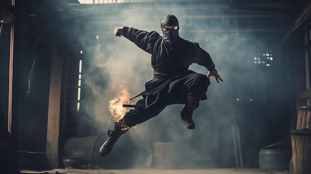 Ninja springt mit einem Schwert in der Hand durch die Luft