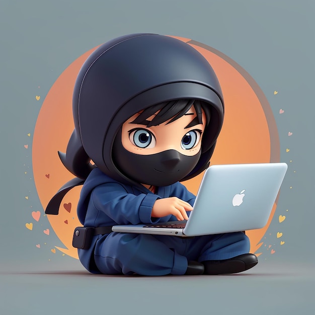 ninja trabajando en portátil dibujos animados icono vectorial ilustración gente icono de tecnología aislado plano