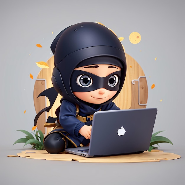 ninja trabalhando em laptop desenho animado ícone vetorial ilustração pessoas ícone de tecnologia isolado plano