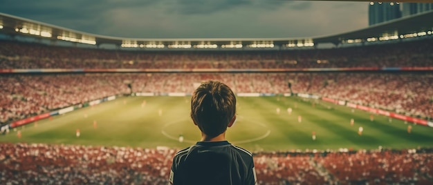 un niño de 11 años jugando al fútbol en un famoso estadio con una audiencia llena