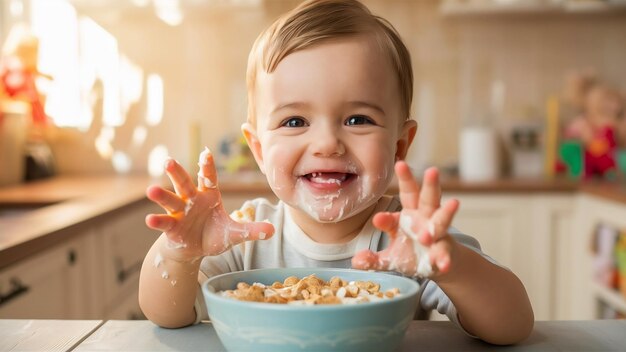 Foto niño de 2 años come lácteos