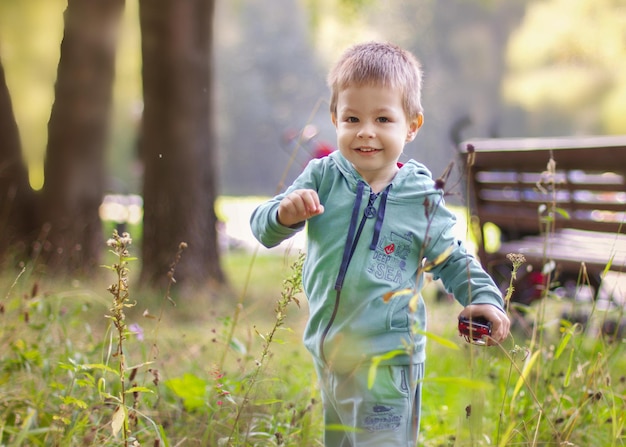 Niño de 2 años para dar un paseo por el parque en el bosque