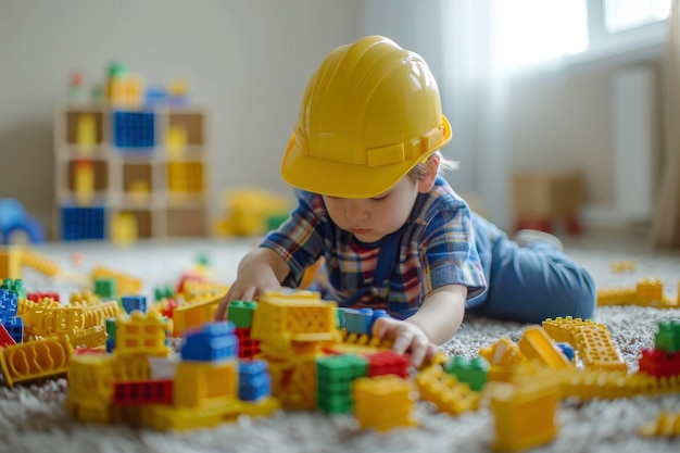 Foto niño de 2 años jugando con bloques de construcción