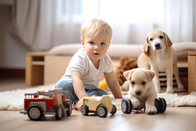 Niño de 2 años jugando en su sala de estar con sus cochecitos de madera y acompañado por su pequeño perro Concepto de infancia feliz en casa Imagen creada con IA