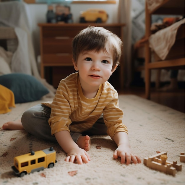 Niño de 3 años jugando en la alfombra.