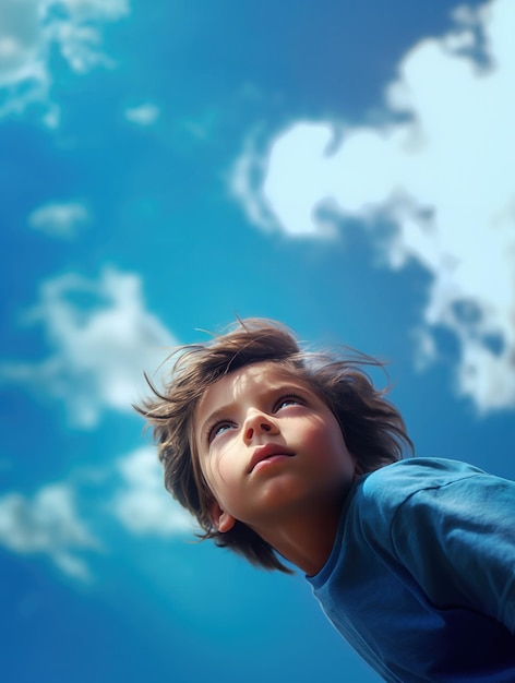 Niño de 7 años mirando hacia el cielo lleno de nubes posiblemente soñando o imaginando grandes ideas vista desde un ángulo dinámico bajo IA generativa