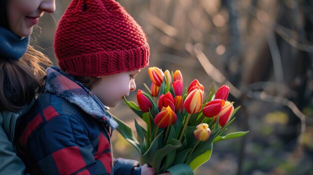 un niño de 8 años con un sombrero rojo de punto le da a su madre un ramo de tulipanes