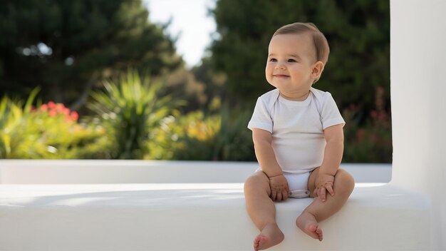 Niño de 9 meses en un traje blanco sentado en una pared blanca