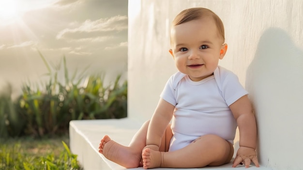 Niño de 9 meses en un traje blanco sentado en una pared blanca