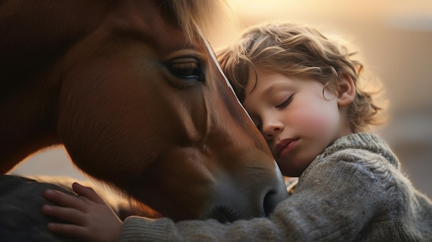 El niño abraza al caballo por la mañana.