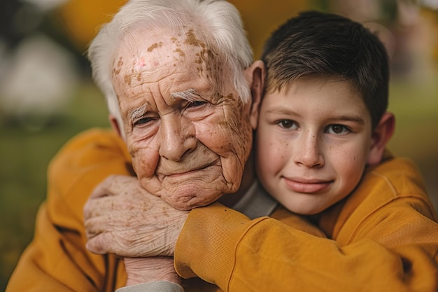 El niño abraza a la familia de su abuelo.