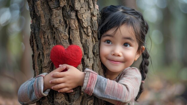 Un niño abraza un tronco de árbol con forma de corazón rojo porque aman la naturaleza