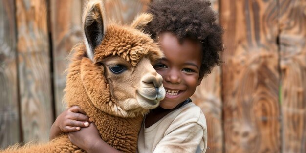 niño abrazando alpaca en el zoológico de mascotas niño abrazando llama en la granja animal doméstico espacio de copia del zoológico