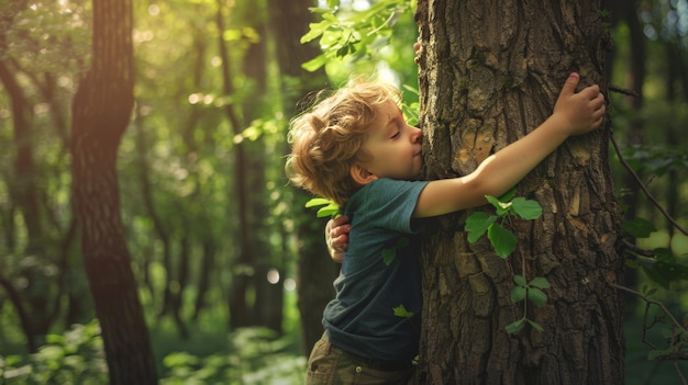 Niño abrazando un árbol en el bosque