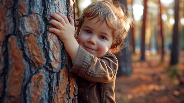 Niño abrazando un árbol en el bosque