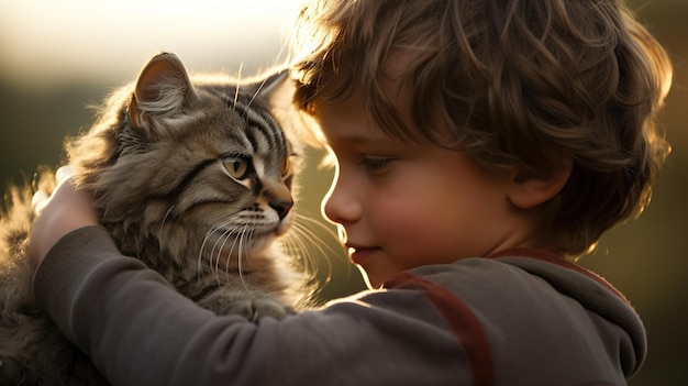 Niño abrazando a un gato