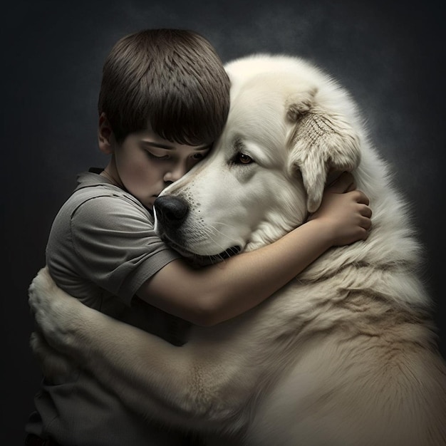Un niño abrazando a un gran perro blanco con la palabra montaña bernés.