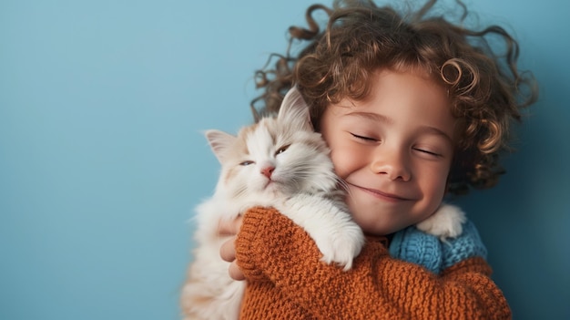 Niño abrazando a su gato sobre un fondo azul pastel