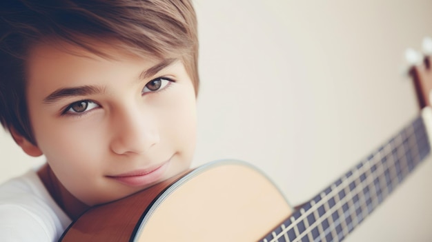 Niño abrazando su guitarra