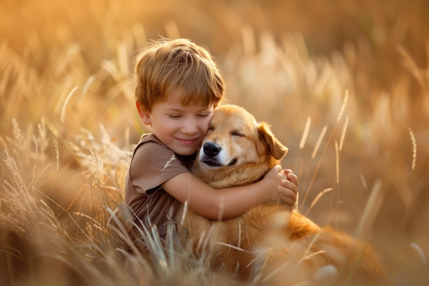 Niño abrazando a su perro sentado en el campo en verano